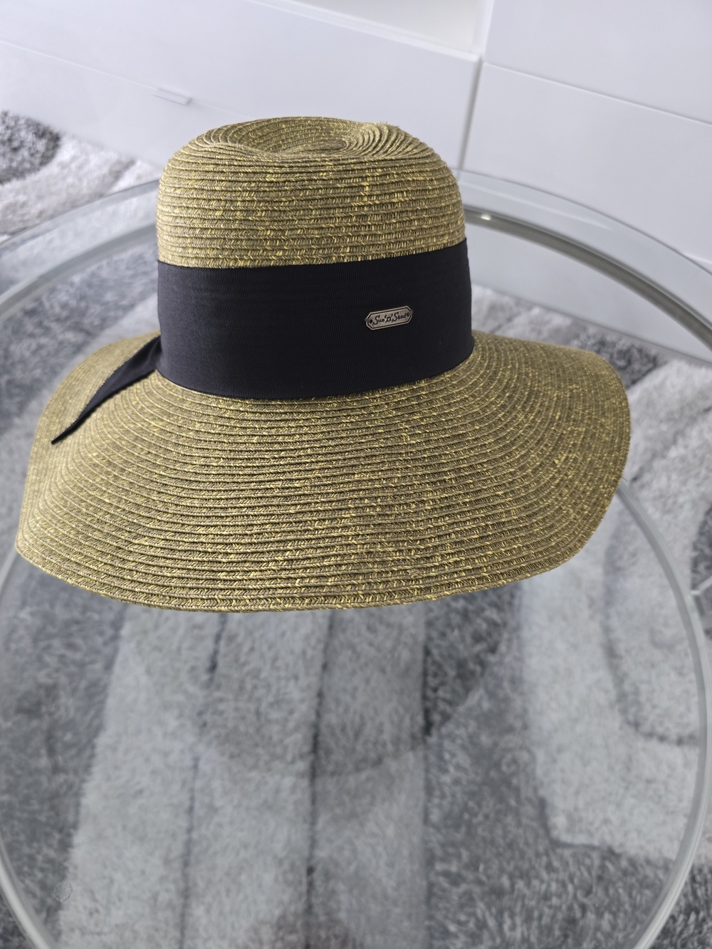 Gold-Woven Sun Hat with Black Ribbon Band
